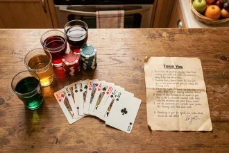 Vue du dessus d'une table en bois avec cartes à jouer en éventail, verres à shot colorés et fiche de règles du jeu Palmiers