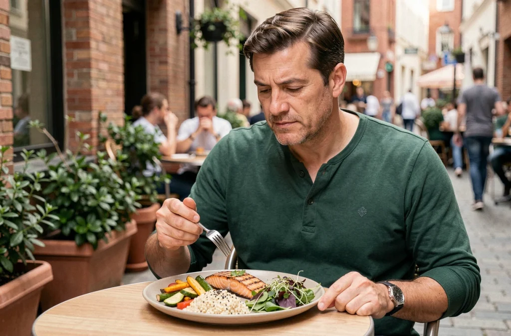 Homme mangeant un repas équilibré composé de poisson, légumes et céréales complètes en terrasse de café urbain