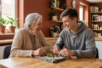 Une femme âgée et un jeune homme partagent un moment de complicité autour d'un jeu de société dans une résidence intergénérationnelle moderne