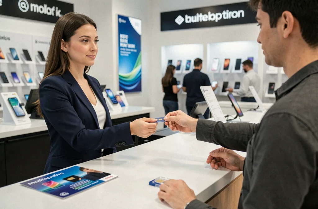 Cliente remettant une carte SIM à un conseiller dans une boutique téléphonie lors d'une résiliation Free
