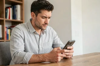 Homme consultant son smartphone pour résilier un forfait Free mobile sans perdre sa ligne