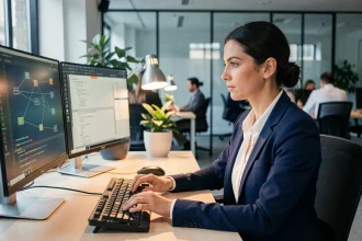 Responsable cybersécurité d'une entreprise française analysant des données sur plusieurs écrans dans un open space moderne