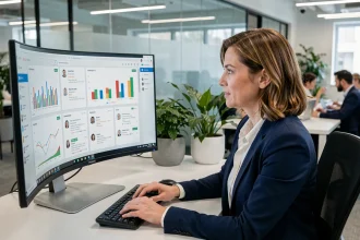 Responsable RH analysant des données d'intelligence artificielle sur un écran de bureau dans un open space moderne