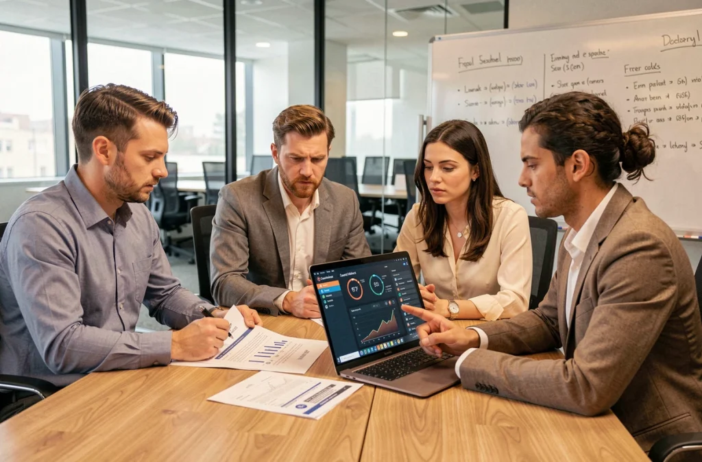 Équipe de direction d'une entreprise française en réunion stratégique autour d'un rapport de cybersécurité