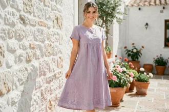 Jeune femme portant une robe midi lavande en lin avec broderies dans une cour méditerranéenne, illustrant le retour des couleurs pastel dans la mode estivale