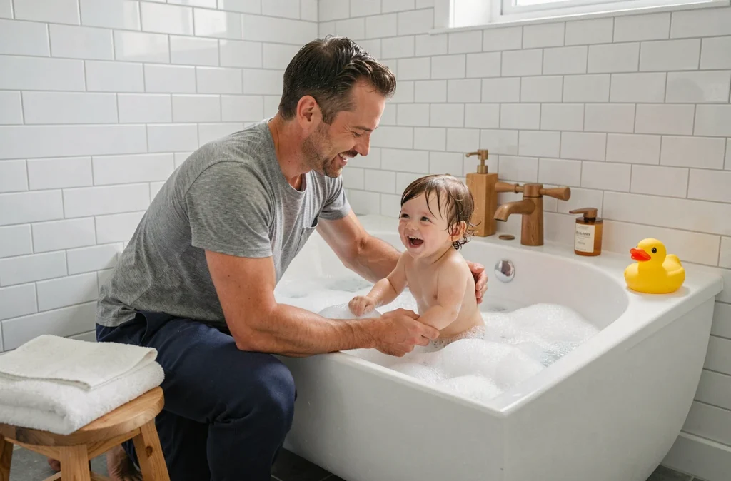 Père donnant le bain du soir à son enfant dans une salle de bain moderne et apaisante