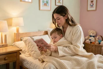 Mère lisant une histoire du soir à son enfant dans une chambre douillette aux tons pastel
