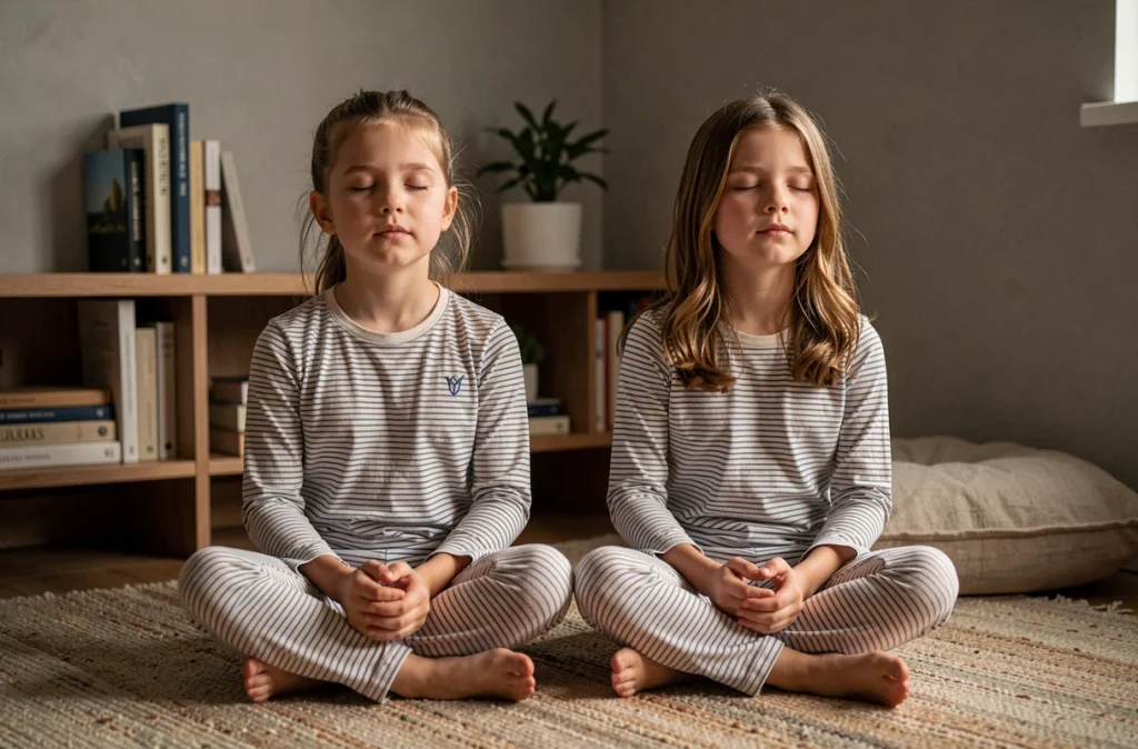 Deux enfants en pyjama pratiquant un exercice de respiration apaisante avant de dormir