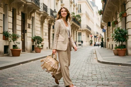 Jeune femme portant un sac en raphia tressé naturel dans une rue parisienne pavée, look urbain élégant aux tons beige et terracotta