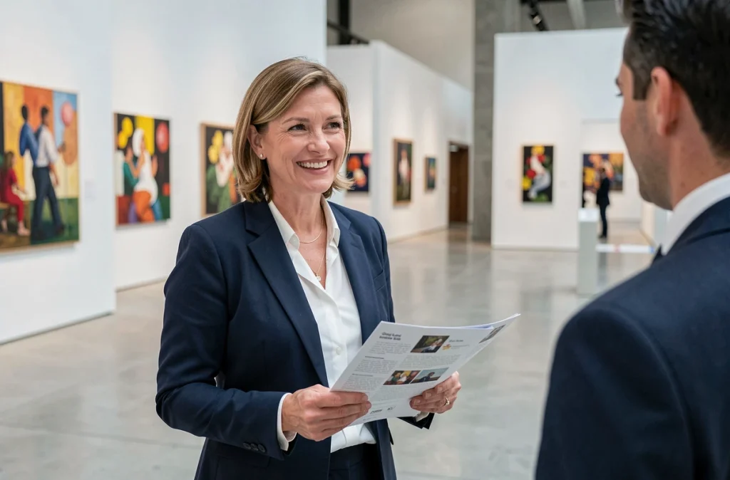 Salariée participant à un événement culturel financé par le mécénat d'entreprise dans une galerie d'art