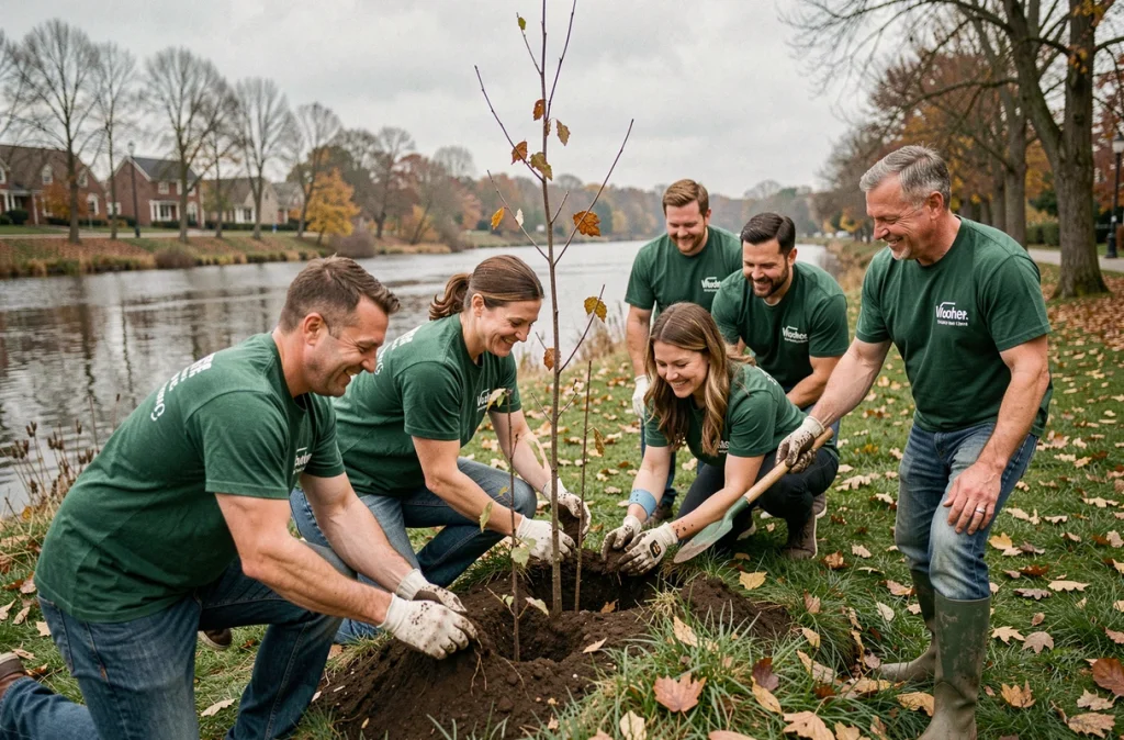 Salariés engagés dans une action bénévole de plantation d'arbres dans le cadre du mécénat d'entreprise