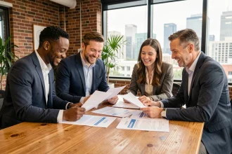 Groupe de salariés réunis autour d'une table pour discuter du mécénat d'entreprise dans un bureau moderne