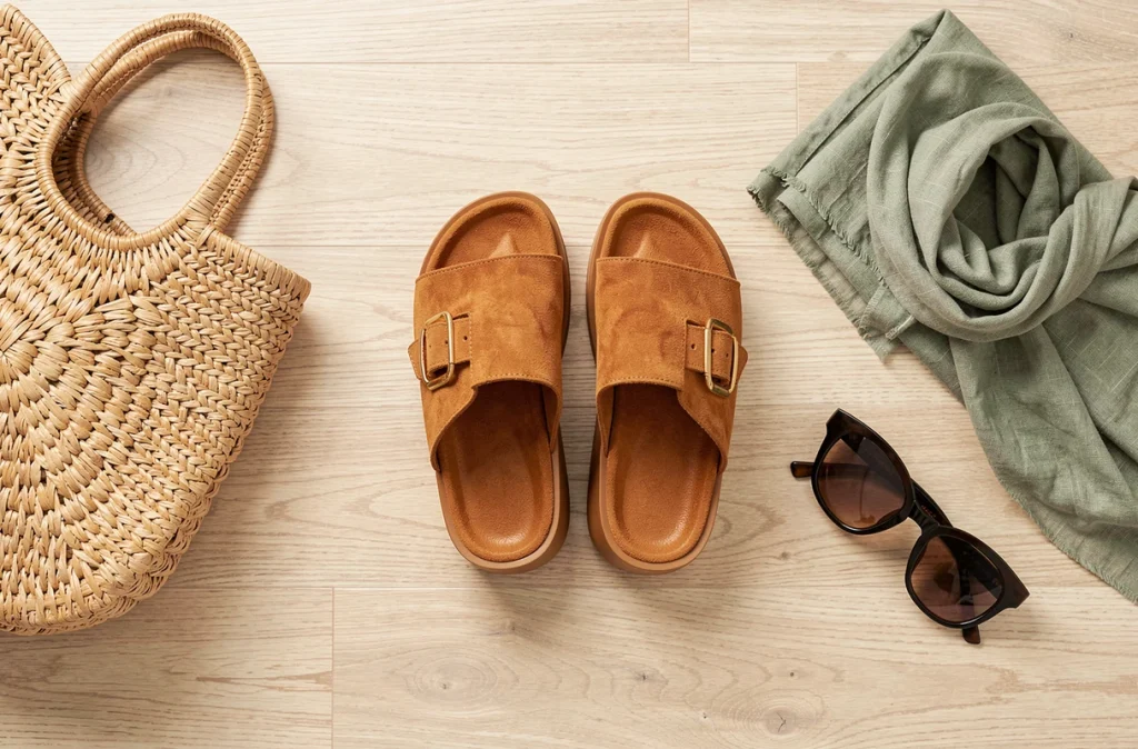 Flat lay éditorial présentant des sandales à plateforme en daim camel entourées d'accessoires estivaux sur parquet en chêne