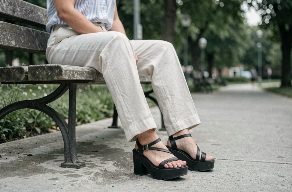 Femme assise sur un banc urbain mettant en valeur des sandales à plateforme noires avec un pantalon en lin blanc