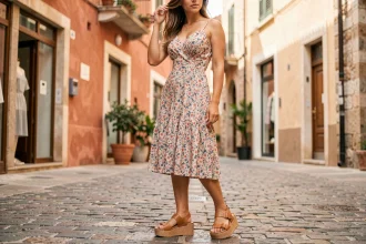 Femme portant des sandales à plateforme en cuir beige avec une robe midi fleurie dans une ruelle pavée méditerranéenne