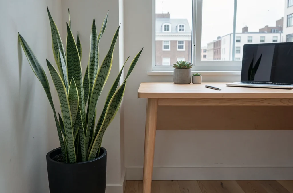 Sansevieria plante dépolluante dans un bureau à domicile moderne avec bureau en chêne et ordinateur portable