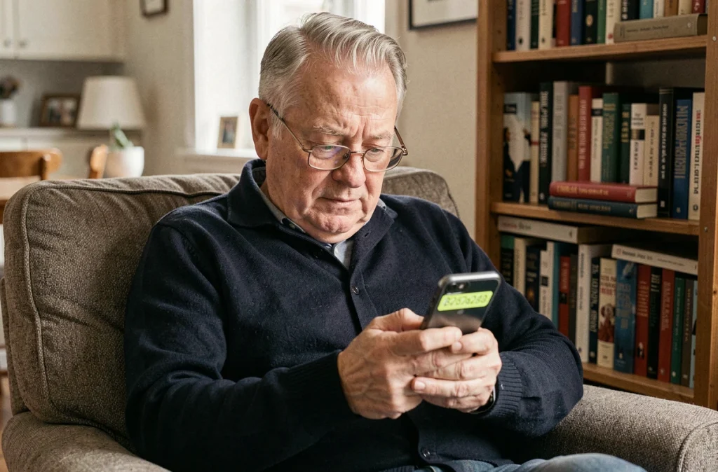 Senior vérifiant un numéro avec l'indicatif 49 sur son smartphone avant de rappeler
