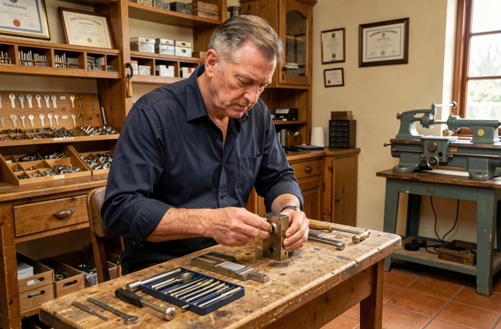 Serrurier expérimenté effectuant le recalibrage d'une serrure à mortaise dans un atelier traditionnel de famille