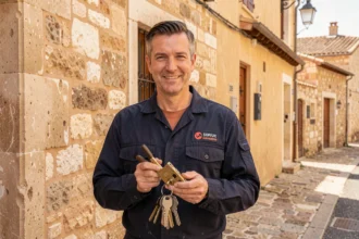 Serrurier professionnel devant une façade provençale typique des Bouches-du-Rhône tenant des outils de serrurerie