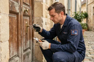 Serrurier professionnel en intervention devant une porte ancienne en Maine-et-Loire