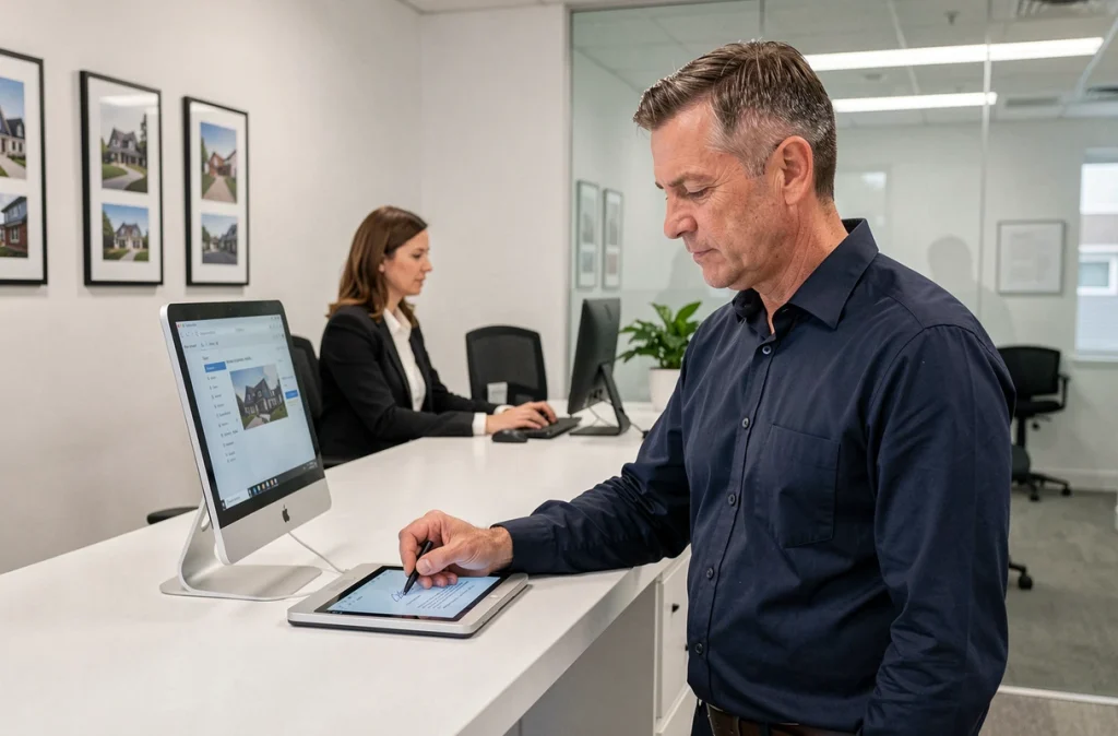 Homme signant électroniquement un compromis de vente immobilier dans une agence immobilière moderne