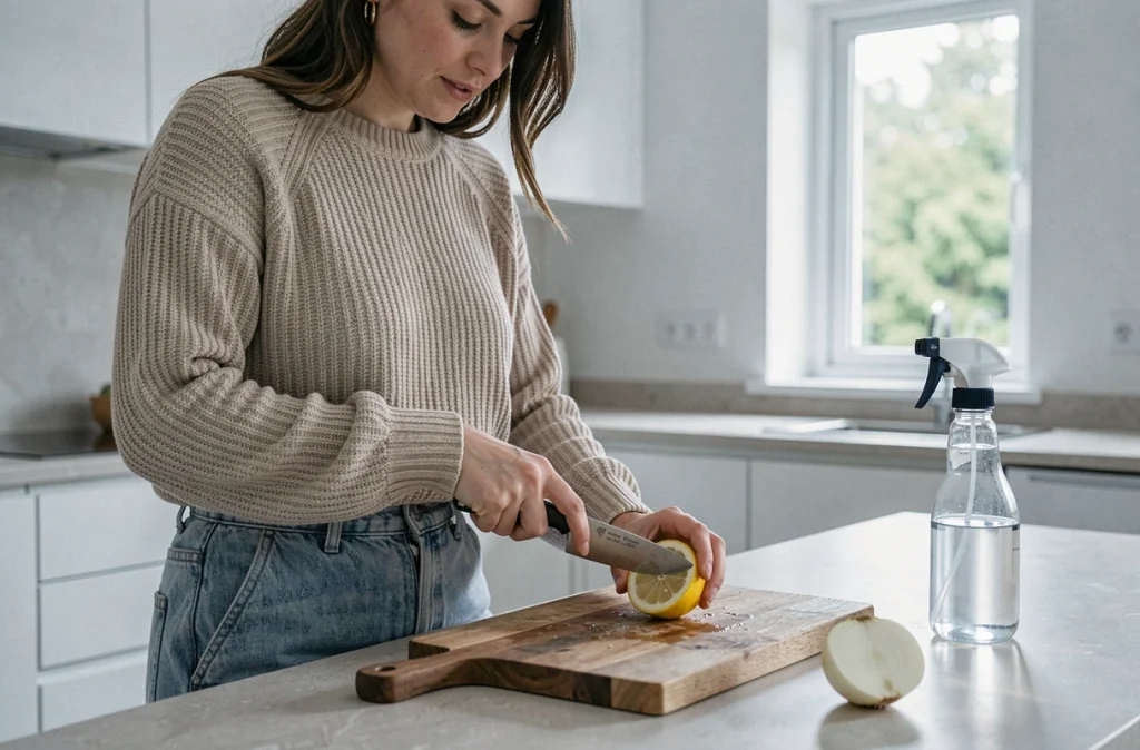 Femme préparant une solution naturelle au citron pour neutraliser les odeurs tenaces dans la cuisine