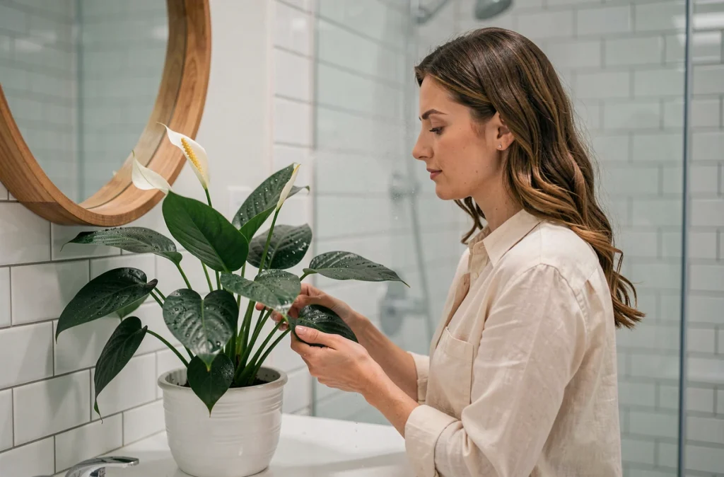 Femme qui arrose un spathiphyllum plante dépolluante dans une salle de bain carrelée de blanc