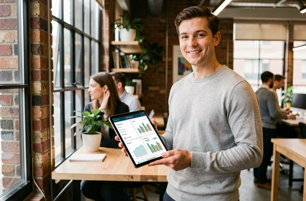 Spécialiste RH consultant un tableau de bord de performance IA sur tablette dans un espace de coworking moderne
