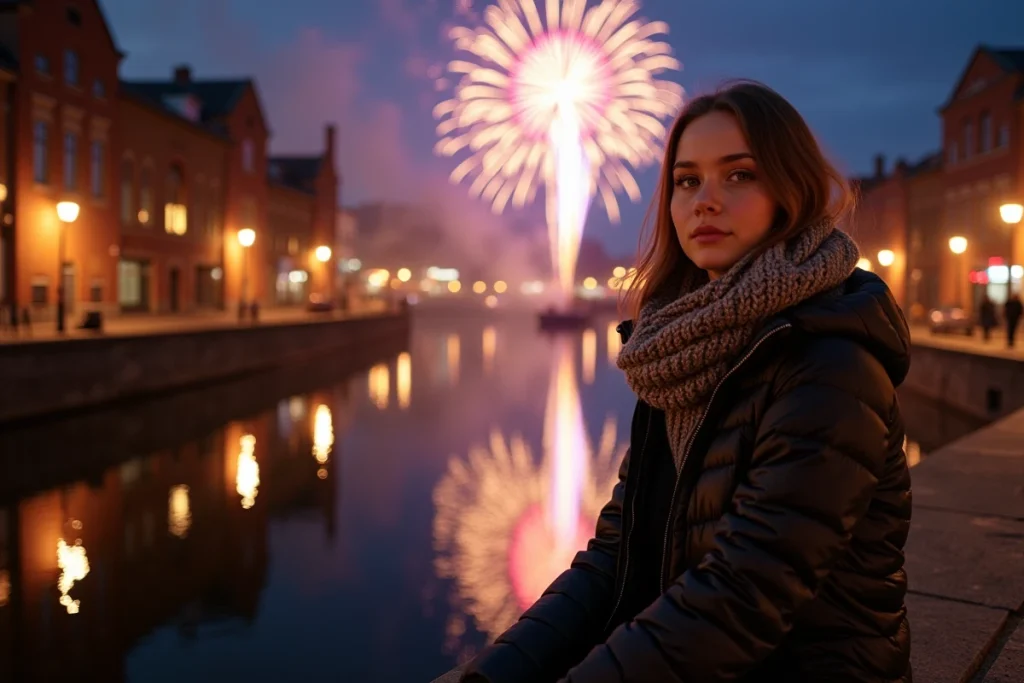 Jeune femme admirant les feux d'artifice reflétés dans le canal de Lille depuis un mur en pierre
