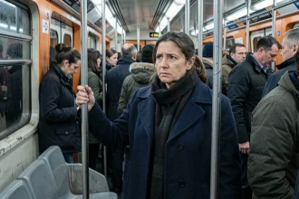 Femme stressée dans le métro de Lyon en heure de pointe le matin, agrippant une barre dans une rame bondée