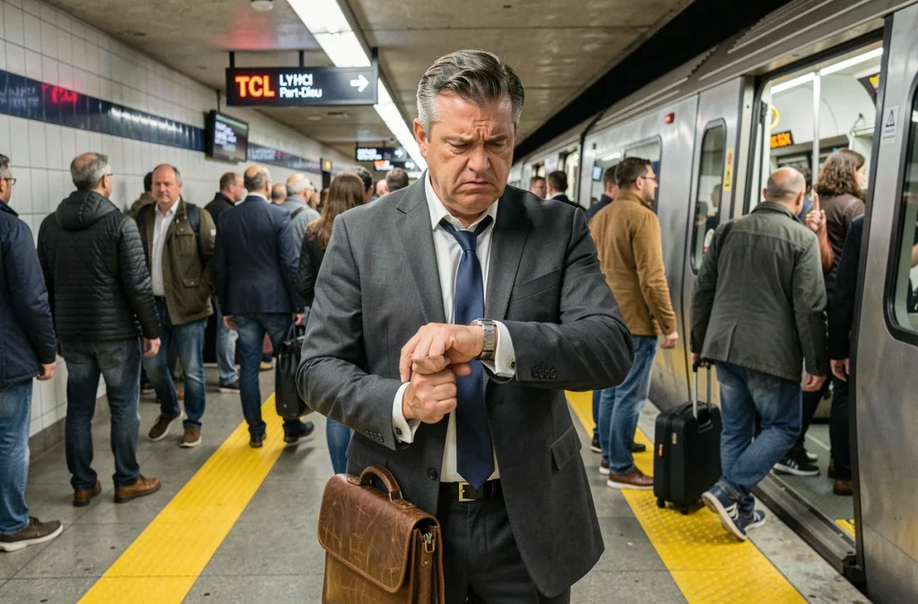Homme en costume vérifiant l'heure avec stress sur le quai du métro Part-Dieu à Lyon pendant les embouteillages matinaux