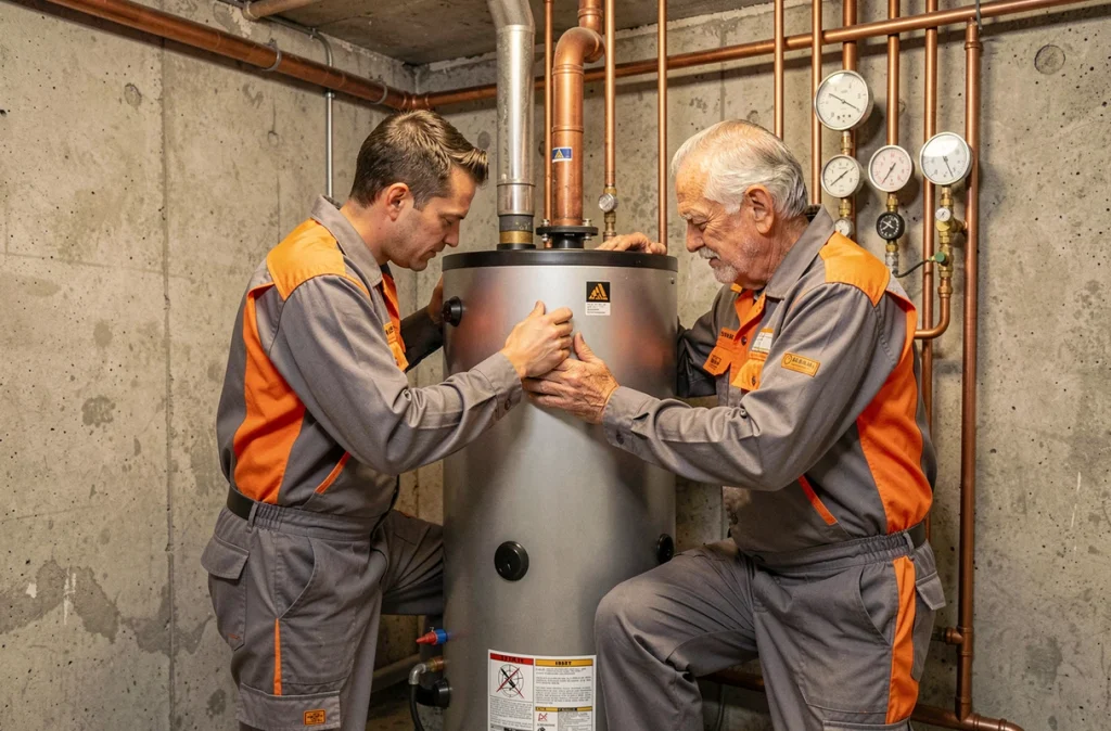 Deux plombiers de Surget et Fils installent un chauffe-eau dans une chaufferie en sous-sol avec des murs en béton