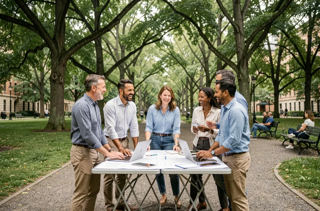 Équipe professionnelle diverse participant à une activité de team building en plein air dans un parc urbain, illustrant le bien-être collectif et la cohésion d'équipe