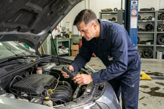 Technicien automobile effectuant un contrôle technique sur un véhicule dans un garage agréé en 2024