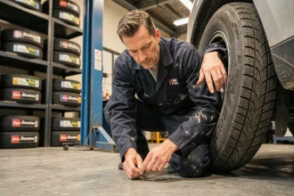 Technicien automobile inspectant les sculptures d'un pneu hiver dans un garage professionnel