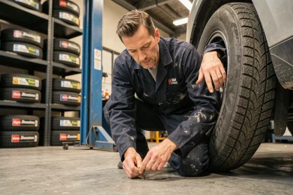 Technicien automobile inspectant les sculptures d'un pneu hiver dans un garage professionnel