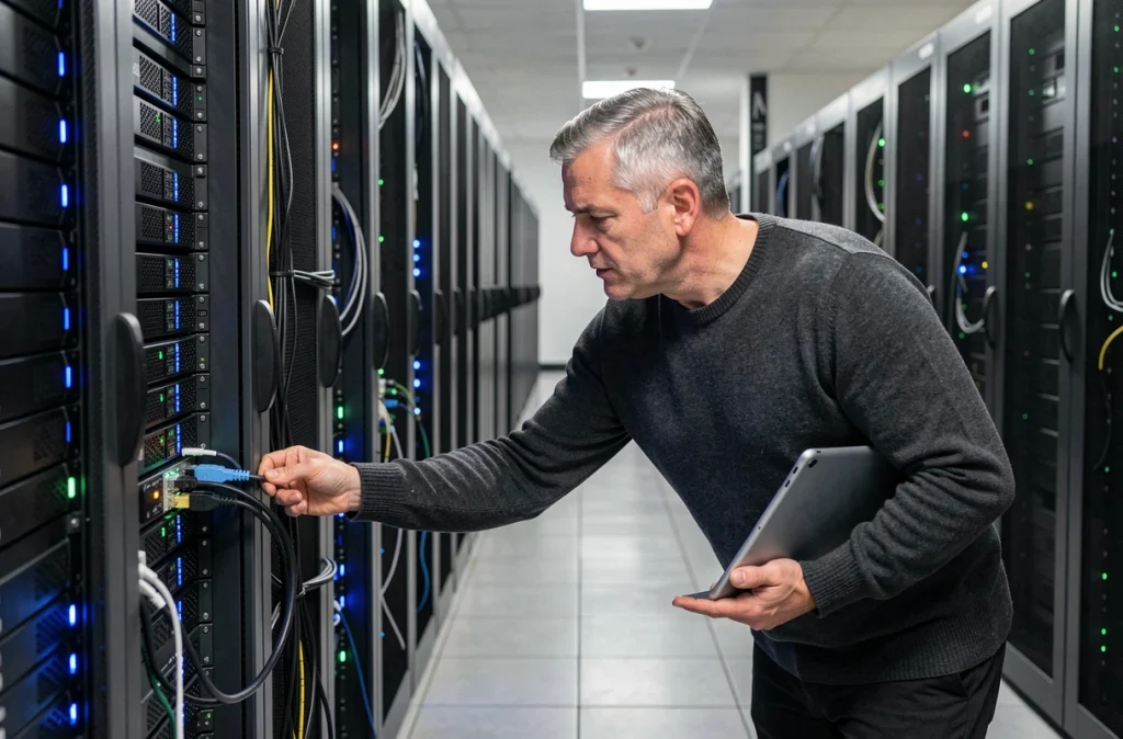 Technicien informatique intervenant sur des serveurs dans une salle de datacenter d'une entreprise française
