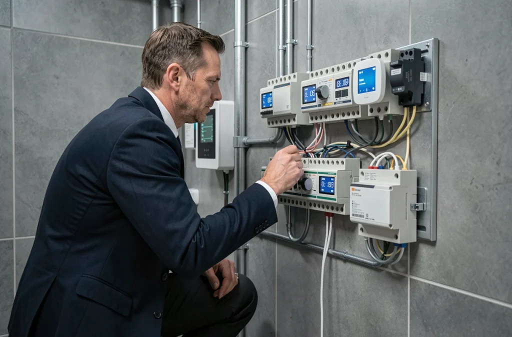Technicien inspectant un tableau de commande domotique dans une salle technique résidentielle