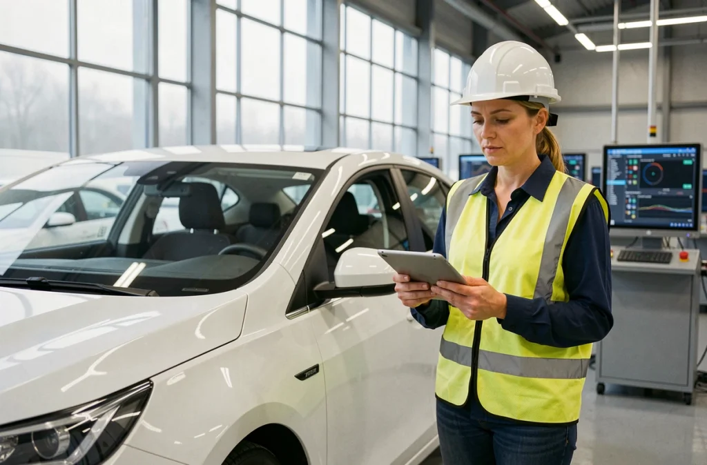 Technicienne contrôle qualité vérifiant une voiture électrique dans une usine automobile en France