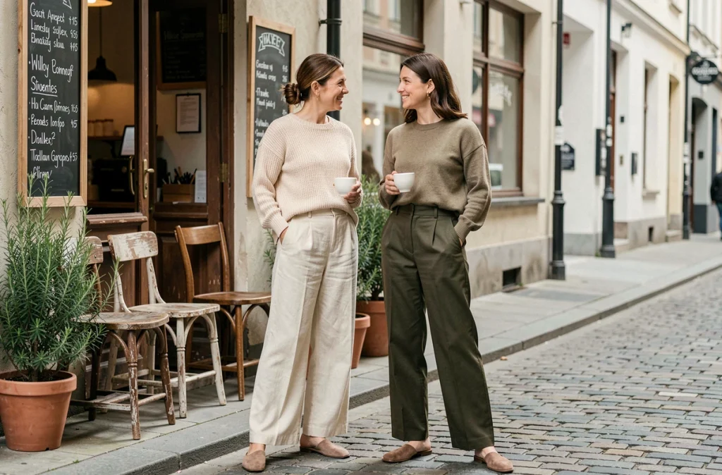 Deux femmes en pantalon large devant un café, illustrant la tendance mode au quotidien