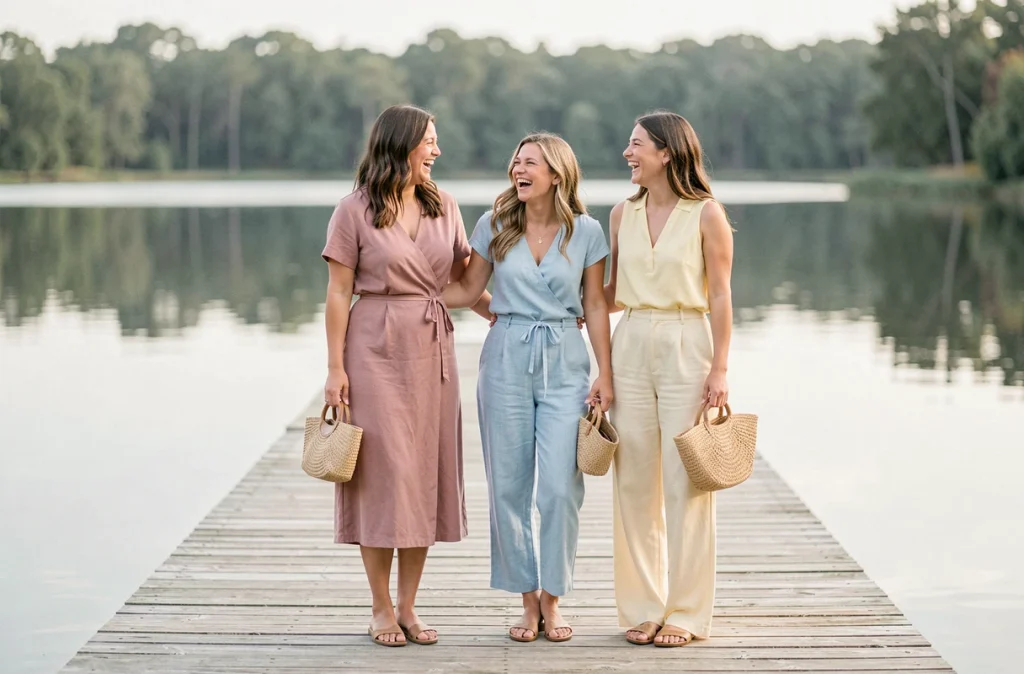 Trois femmes en tenues estivales pastel coordonnées sur un ponton en bois au bord d'un lac, illustrant la tendance couleurs pastel de l'été