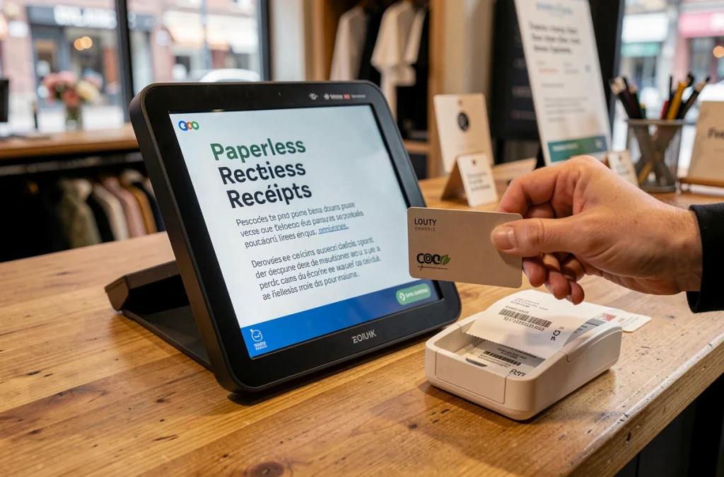 Terminal de paiement affichant une option de ticket dématérialisé dans une boutique avec distributeur de ticket papier vide
