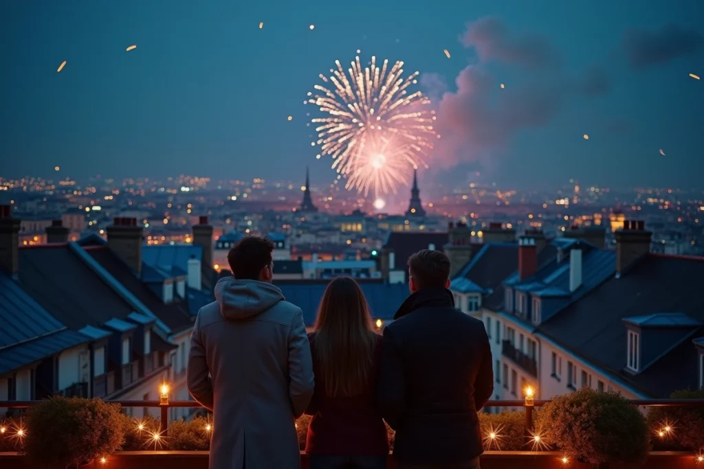 Groupe d'adultes observant les feux d'artifice depuis une terrasse sur les toits de Lille avec vue panoramique sur la ville