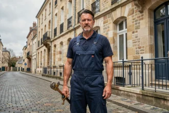 Plombier professionnel devant un immeuble typique d'Orléans, représentant le top 10 des plombiers de la ville