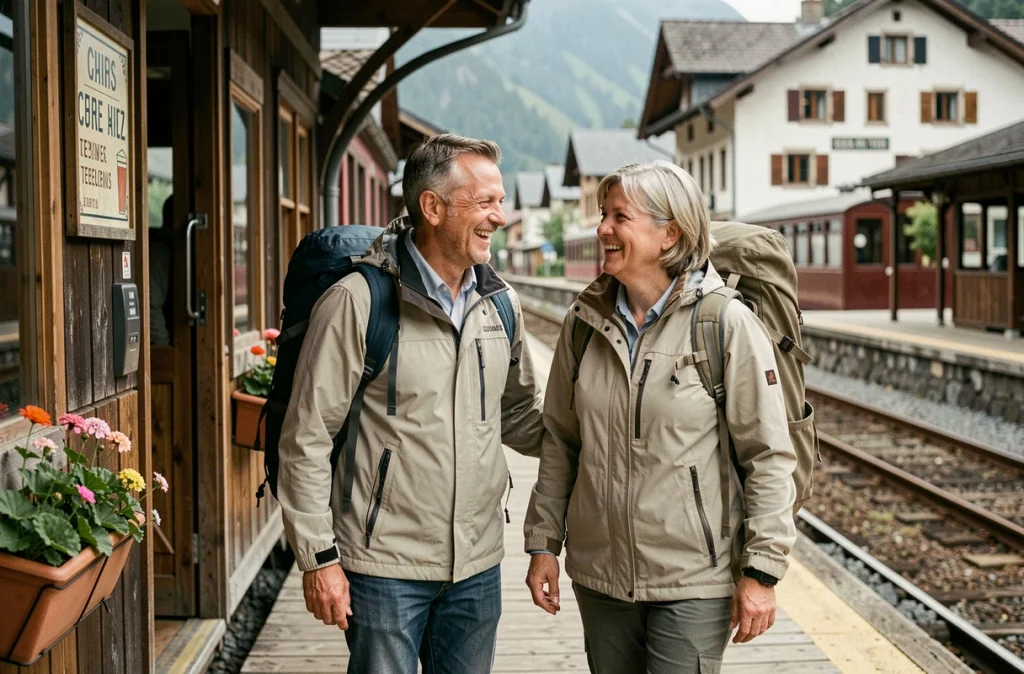 Couple de touristes souriants descendant d'un train historique en bois sur un quai restauré en ville de montagne