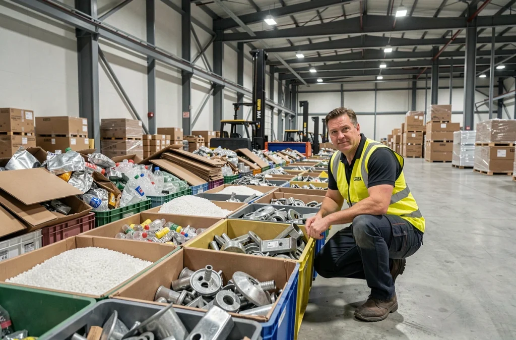 Responsable logistique supervisant le tri de matériaux recyclables dans un entrepôt industriel dans le cadre d'une démarche d'économie circulaire