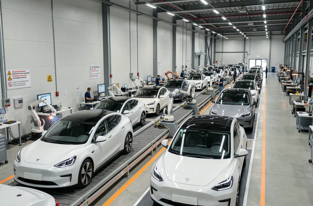 Vue panoramique d'une usine de production de voitures électriques en France avec robots et chaîne d'assemblage