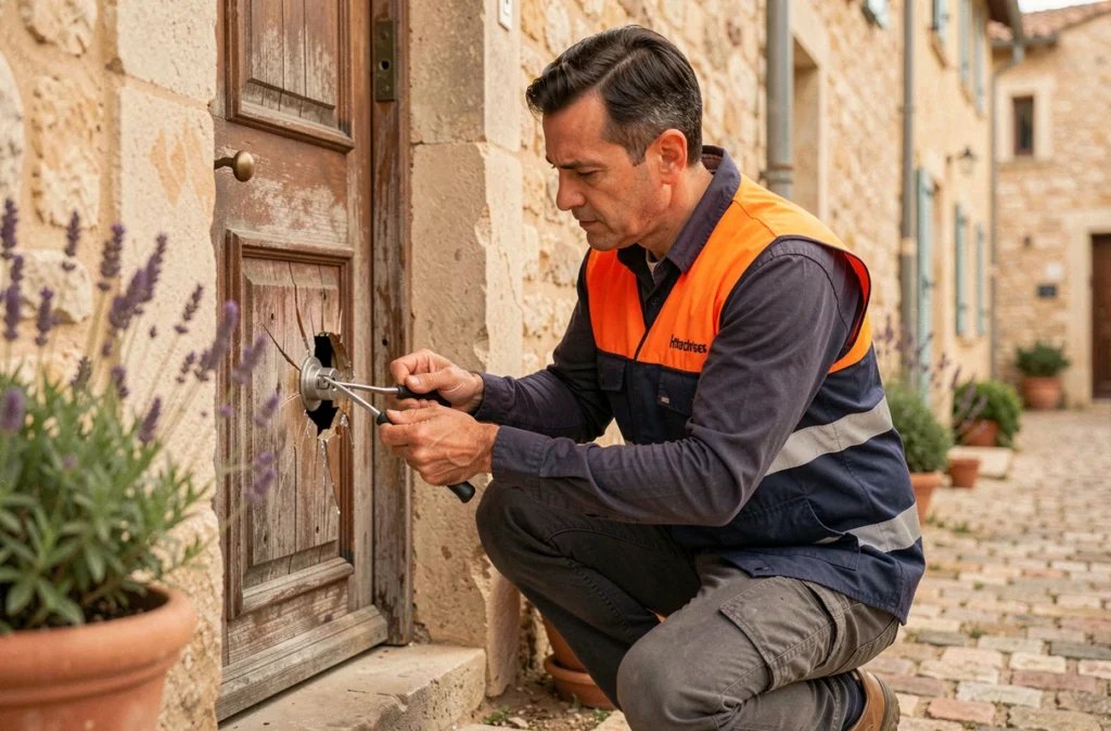 Technicien de dépannage en serrurerie intervenant sur une porte abîmée dans un village provençal