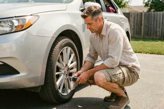 Homme vérifiant la pression des pneus de sa voiture avant un long trajet estival dans une allée de banlieue