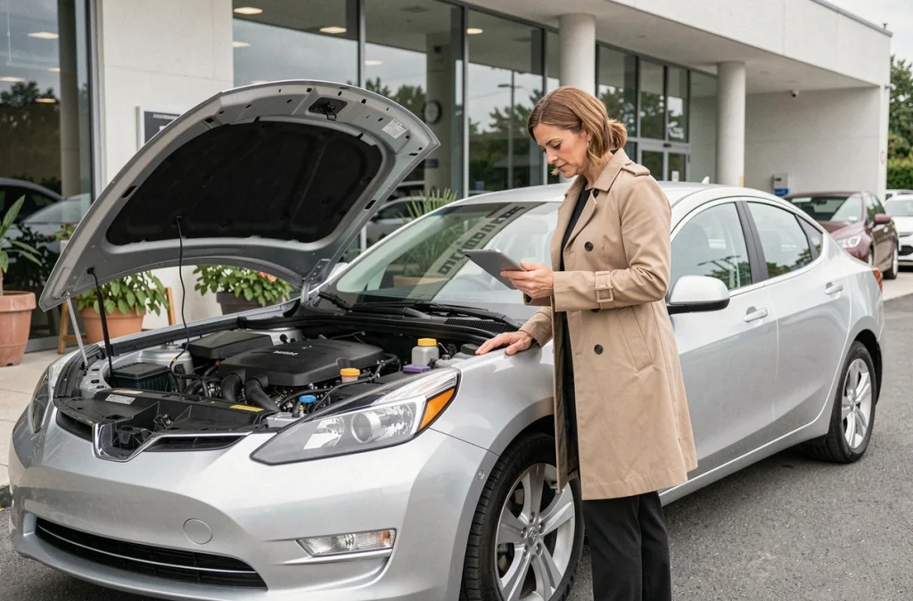 Femme vérifiant une voiture électrique d'occasion chez un concessionnaire avec une tablette